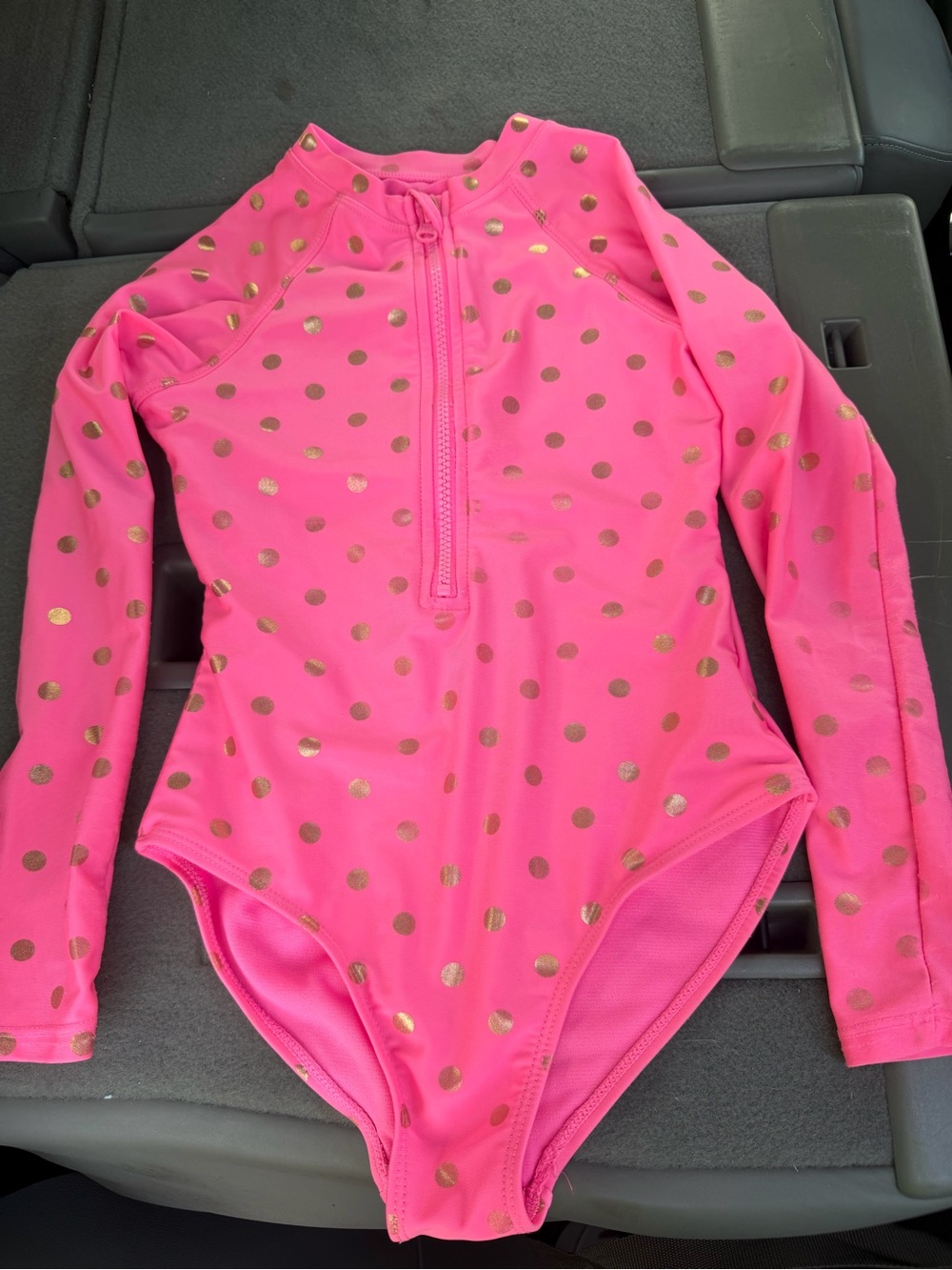 Kids Pink Long-Sleeve Rash Guard One-Piece Swimsuit with Gold Dots 7-8M